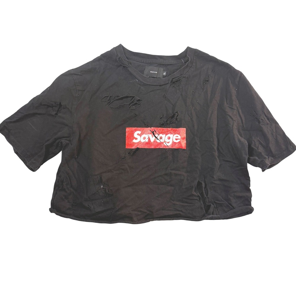 Black Icon Savage Distressed TShirt XL Blk Boxy Destroyed Grunge Punk Streetwear